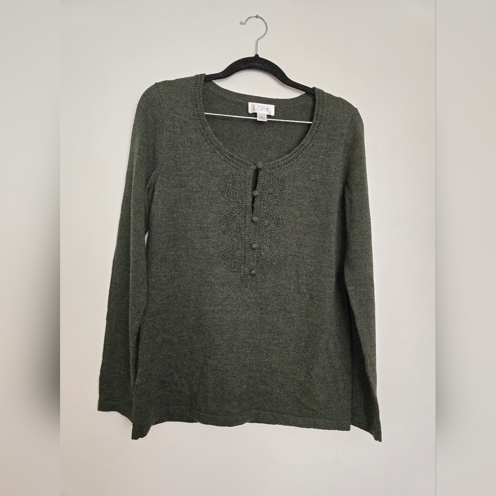 Ann Taylor Loft Pullover Henley Sweater Merino Wool/Cashmere Dark Green